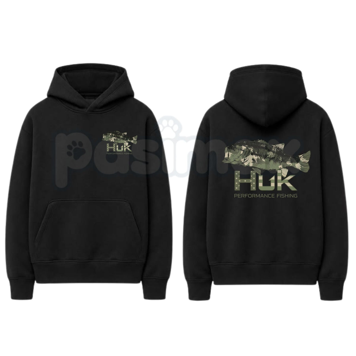 Men’s HUK Performance Fishing Hoodie – Camo Bass Graphic Pullover, Angler Outdoor Sun Protection Sweatshirt, Unisex Heavy Blend