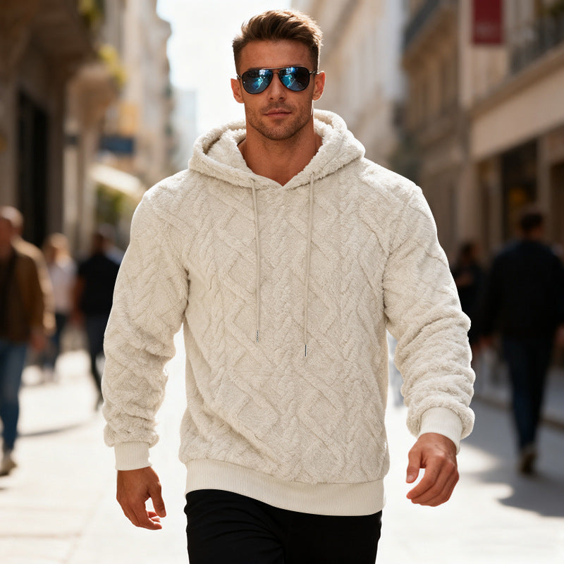 Plush Hooded Sweatshirt Winter Warm Long-sleeved Pullover Top Men's Casual Solid Color Fleece Hoodie Clothing