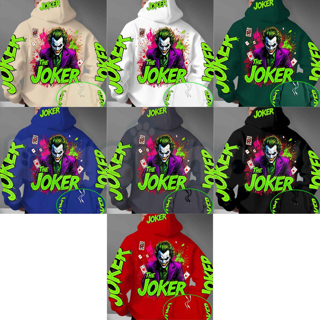 Men's Fluorescent Joker Print Hoodie – Neon Villain Graphic Pullover, Edgy Streetwear Cyberpunk Sweatshirt, Spooky Dark Comedy Gift