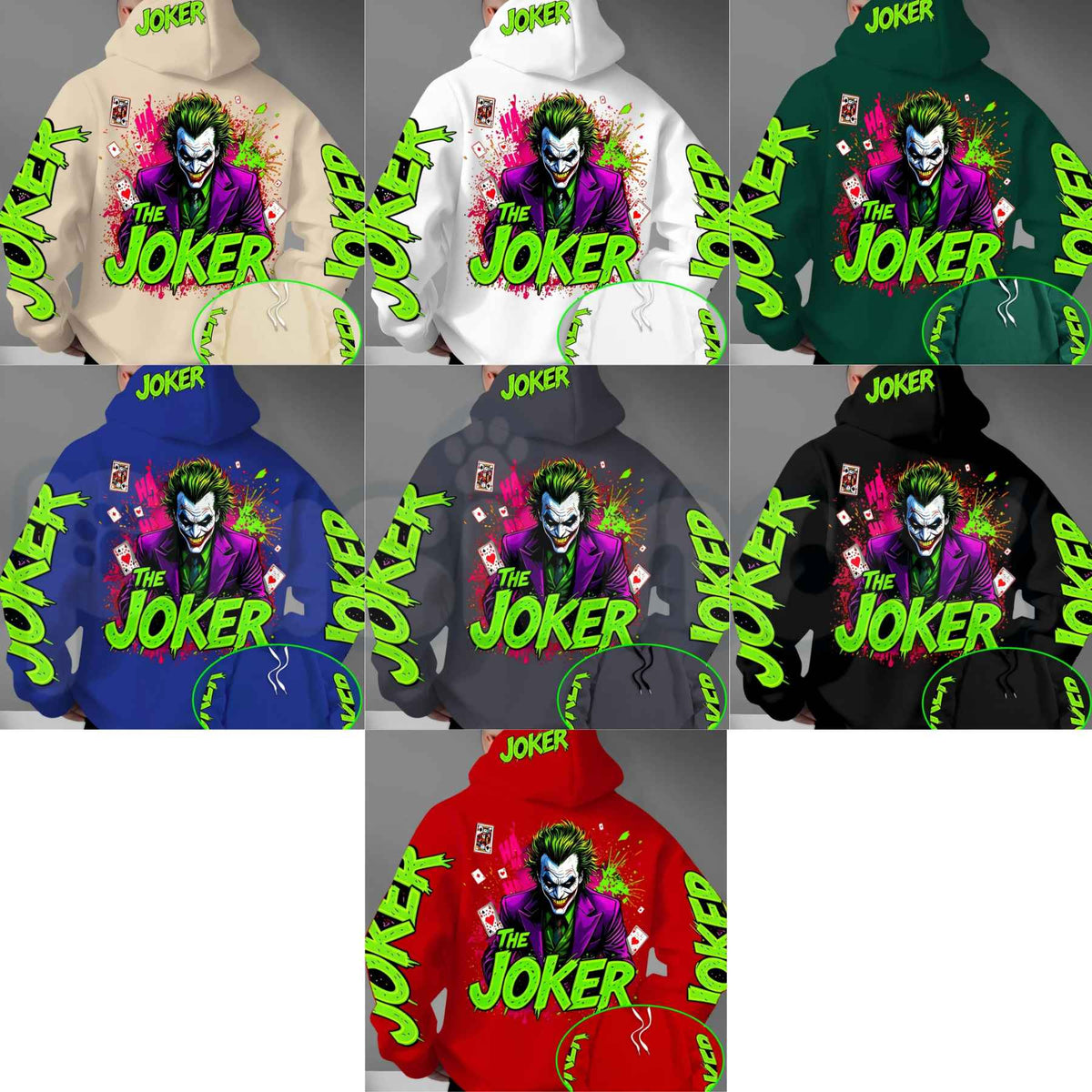 Men's Fluorescent Joker Print Hoodie – Neon Villain Graphic Pullover, Edgy Streetwear Cyberpunk Sweatshirt, Spooky Dark Comedy Gift
