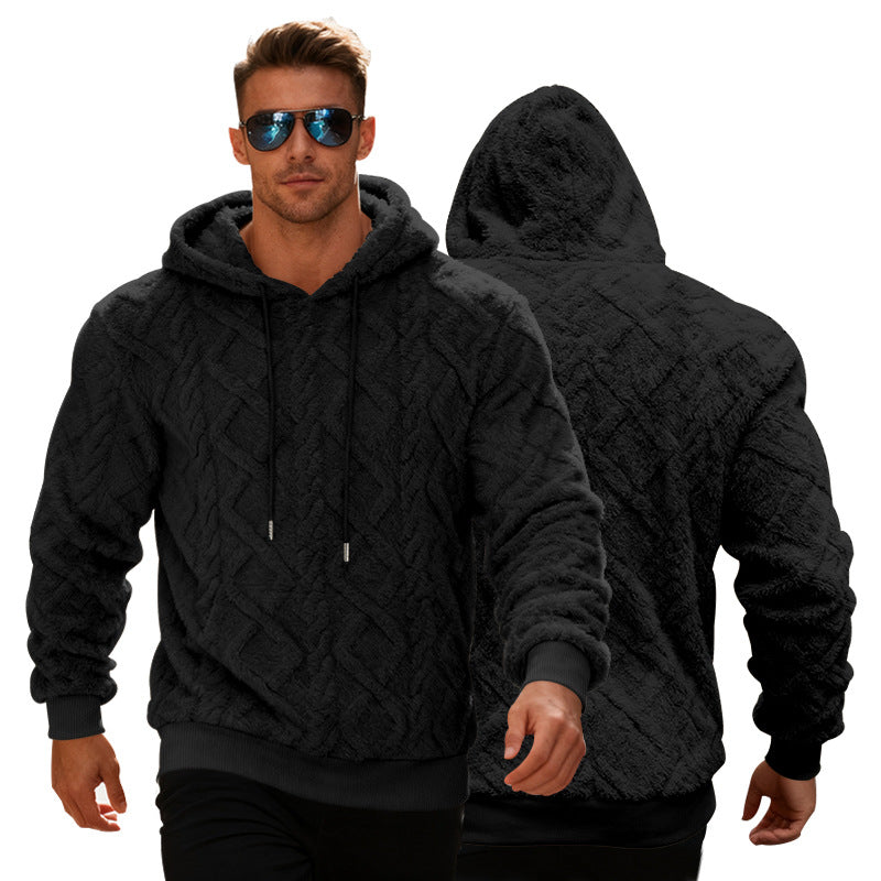 Plush Hooded Sweatshirt Winter Warm Long-sleeved Pullover Top Men's Casual Solid Color Fleece Hoodie Clothing