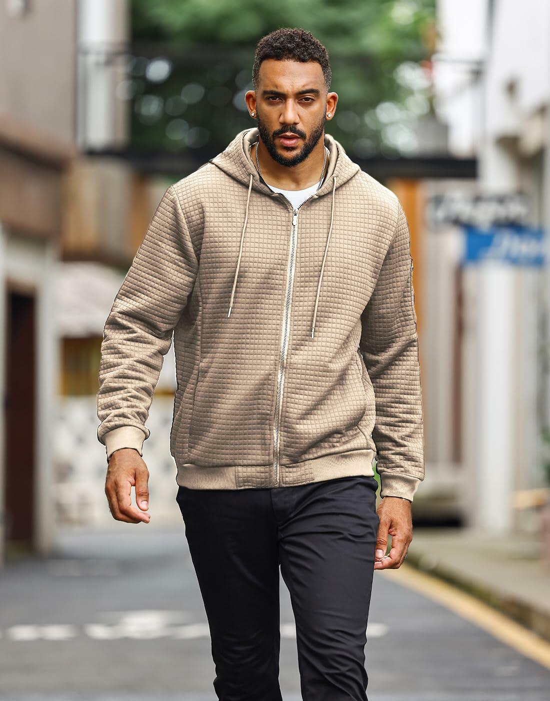 SAVKOOV Mens Lightweight Hoodie Full Zip Sweatshirt Casual Jacket Coat Khaki